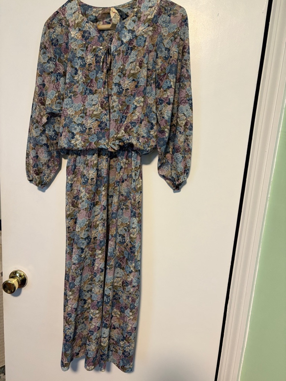 Floral Asymmetrical Below The Knee Dress with Tie Neck - Blue Multi